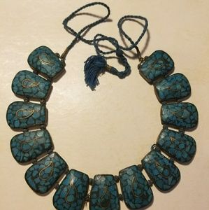 Crushed Turquoise & Brass Hand Knotted Necklace